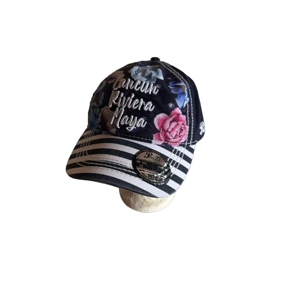 Cancun Riveria Maya Black Floral Hat Cap Adjustable